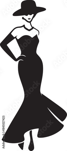 An elegant silhouette of a woman in a hat and gown, exuding classic glamour and sophistication