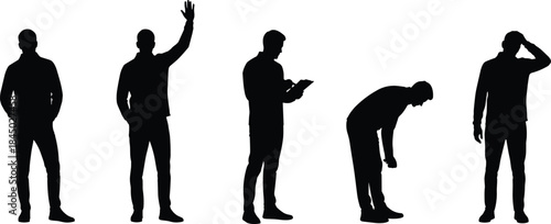 Silhouette of person in varied poses, emotional states, body language, black figure, minimal background, gesture study, expressive stance