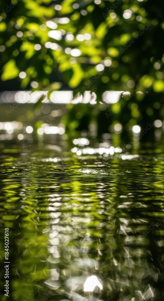 Fototapeta premium Sunlit Green Leaves Reflected on Rippling Water