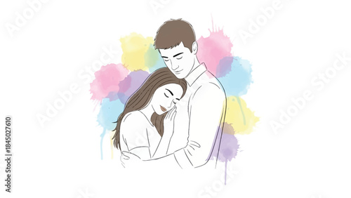Embrace of Love: A tender moment of closeness, where a couple shares an intimate embrace, their silhouettes framed by a soft, artistic backdrop of watercolor washes.