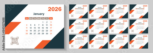 2026 calendar template clipart set. Week starts on Sunday. 12 months calendar in minimal lay out clip art collection with days and weekly schedule monthly pages design.