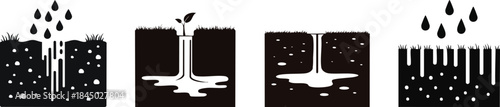 Soil and Water Interaction Silhouette. A series of black and white illustrations depicting water flow, soil, and plant growth, highlighting the interaction between water and land.