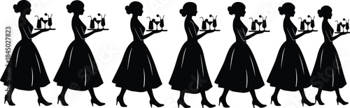 Silhouette of waitress holding tray, serving drinks, black figure, retro style, hospitality concept, uniform pose, minimal background