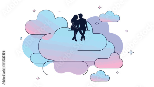 Love in the Clouds: Silhouette of a loving couple gazing at stars and clouds, symbolising serenity and dreams, depicting romance, and the feeling of endless potential. 