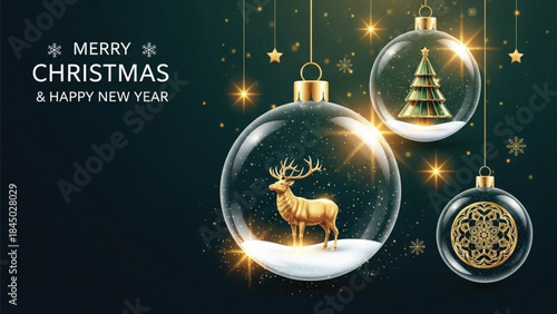 A festive scene showcasing glass ornaments filled with miniature winter landscapes reindeer and christmas trees sparkling against a dark teal.