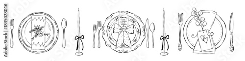 Elegant dining table set with plates, cutlery and candles. Hand drawn vector sketch of tableware serving for a romantic dinner or wedding celebration