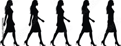 Silhouette of woman walking, fashion model in motion, black dress, high heels, animation frames, stylish stride, elegance, minimal background