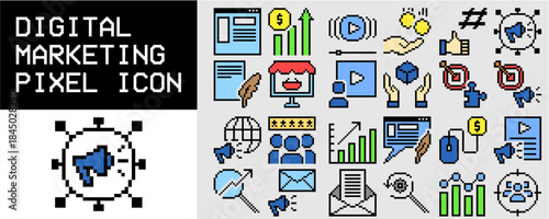 Set pixel digital marketing icon vector for retro business themes. Symbolizes SEO, analytics, and online promotion.
