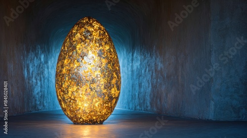 Bright egg sculpture stands in dark corridor with glowing light behind it