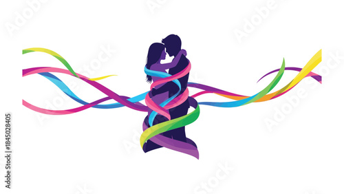 Everlasting Embrace: Silhouette of couple in romantic embrace, intertwined by flowing, colorful ribbons, symbolizing the deep connection, affection, and infinite bond between two souls.