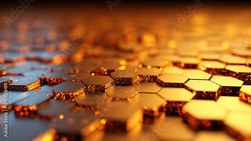 Close up view of hexagonal shapes with shiny golden surface during sunset