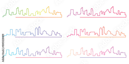 A vibrant collection of colorful gradient line art city skylines featuring various modern architectural building outlines and urban landscapes perfect for design projects and graphic resources