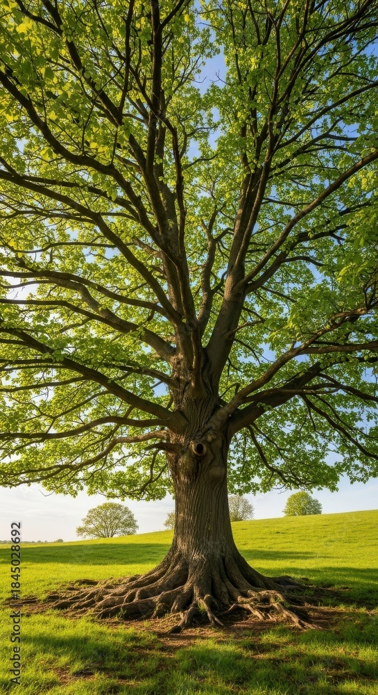 Fototapeta premium Ancient Oak Tree With Exposed Roots In Green Field
