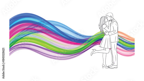 Romance on the Horizon: A couple shares an intimate kiss, their silhouettes framed against a vibrant wave of colors, symbolizing the start of their journey together. A tender moment.