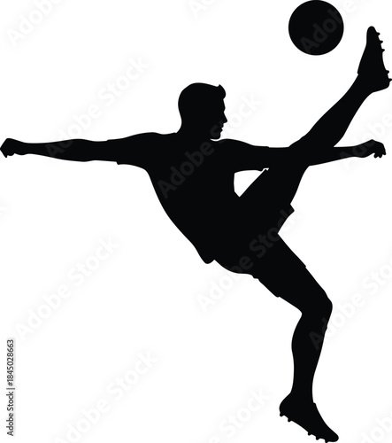 Soccer player silhouette, bicycle kick, athletic pose, black vector, airborne strike, football action, dynamic movement, sports skill, goal attempt
