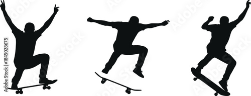 Skateboarding silhouette tricks, airborne poses, dynamic motion capture, black figures on white, skate action sequence, athletic energy and style