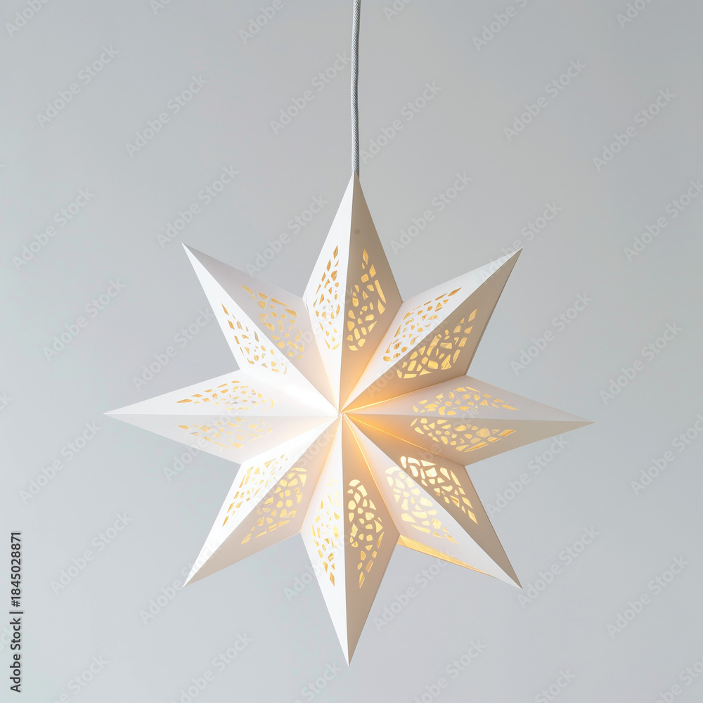 Fototapeta premium White paper star lantern lit against gray background
