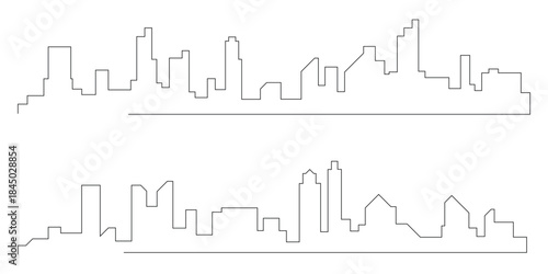 A minimalist continuous line drawing featuring two distinct modern urban city skylines with various abstract architectural buildings and structures silhouetted against a clean white background