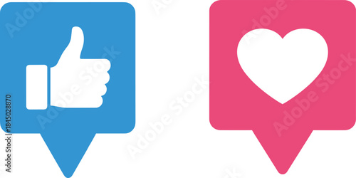 Social media thumbs-up and heart icons illustration, cartoon speech bubble design, digital reaction symbols, like and love graphic