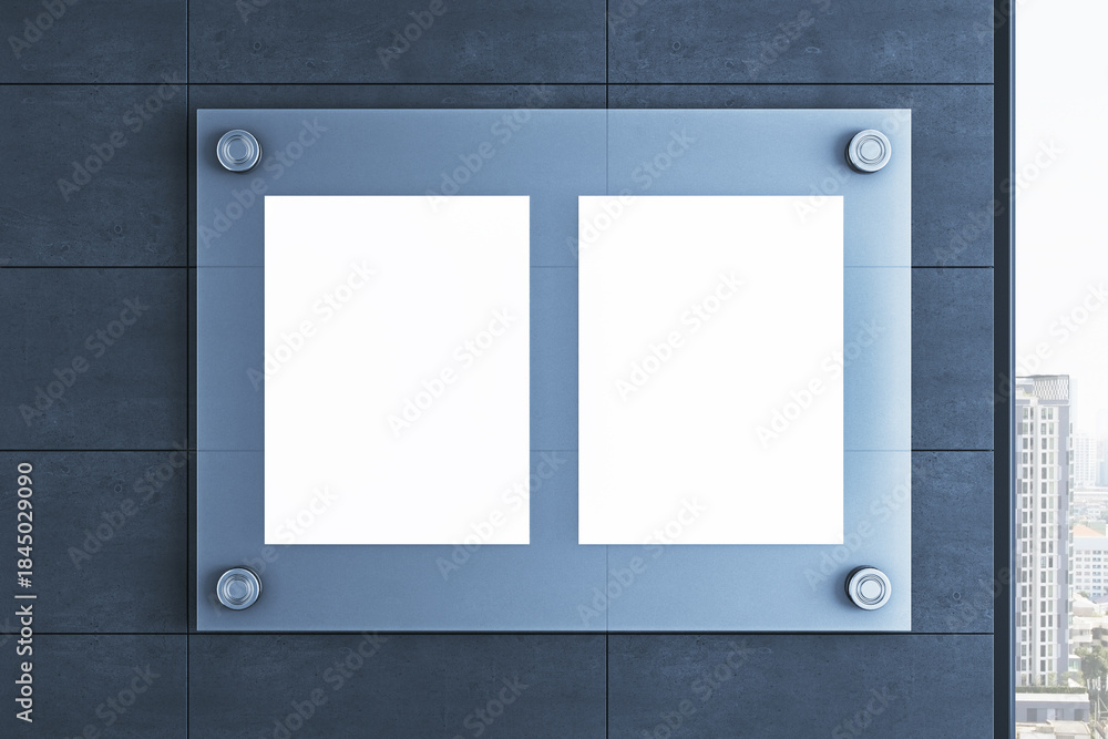 Fototapeta premium Blank vertical signage mockup with dual white poster frames on glass mount inside modern interior wall with city view through window. 3D Rendering