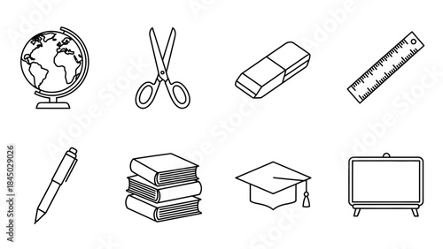 Set of eight black outline icons of school supplies and academic achievement