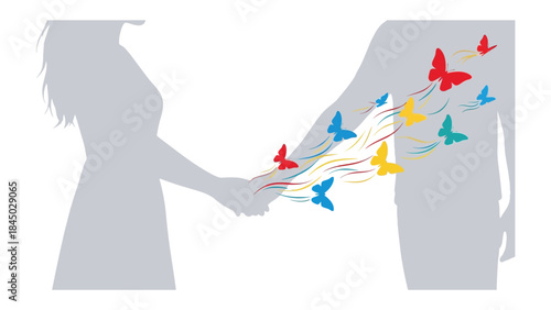 United Journey: Two silhouettes, hand in hand, set against a backdrop of colorful butterflies, symbolizing a shared journey, love, and growth.