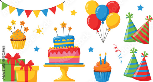 Bright birthday party elements vector set with cake balloons gifts cupcakes bunting flags and colorful celebration decorations isolated on white