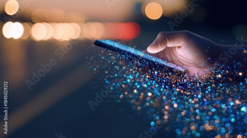 Hand holding smartphone with sparkling lights during evening