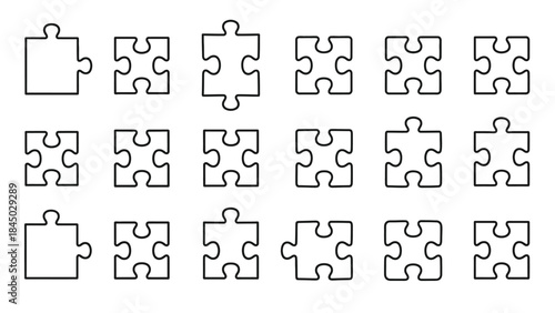 Collection of black outline puzzle piece icons with varied shapes