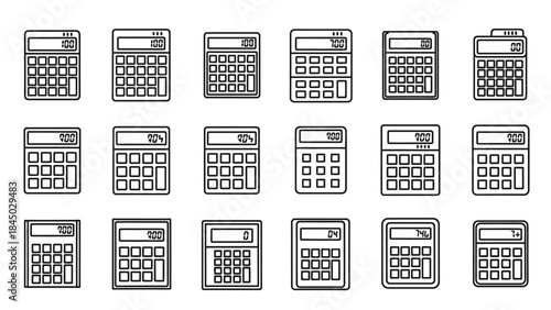 Collection of eighteen black outline calculator icons with different displays