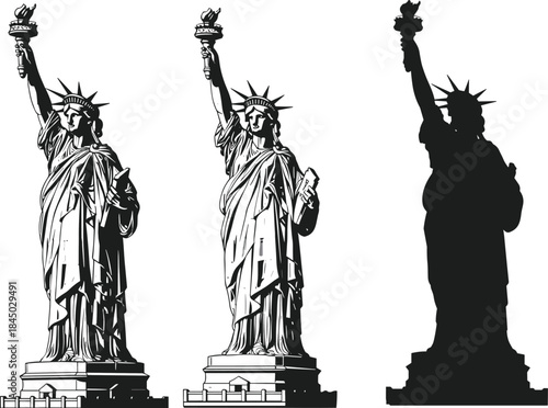 Statue of Liberty illustration set with detailed sketch and black silhouette, American freedom symbol, landmark monument vector artwork