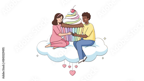 Sweet Cloud Couple: Two lovers holding a giant cupcake on cloud, representing the sweetness of love and the magic of dreams, a delightful visual metaphor for romance and fantasy.