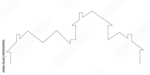 Continuous line art drawing of a modern residential neighborhood house skyline featuring multiple stylized building outlines and rooftops creating an abstract architectural illustration concept