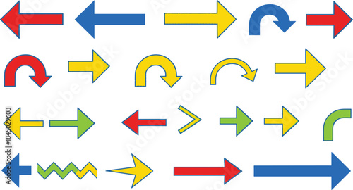 Colorful arrow vector icon set with directional symbols including curved straight zigzag and navigation arrows isolated on white background