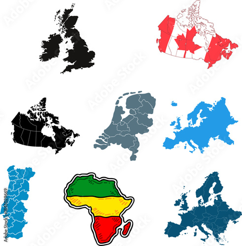 Geographic maps of countries and continents global view
