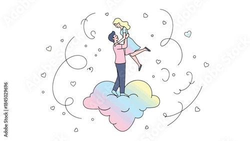 A Couple's Romantic Dream: A delightful couple experiences a tender moment of romance, floating dreamily on a fluffy cloud, surrounded by hearts and swirls.