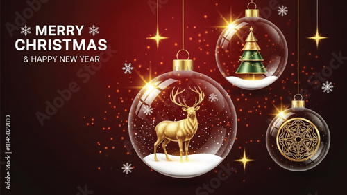 A festive christmas scene featuring glass ornaments with miniature winter landscapes and glittering stars on a rich red background.