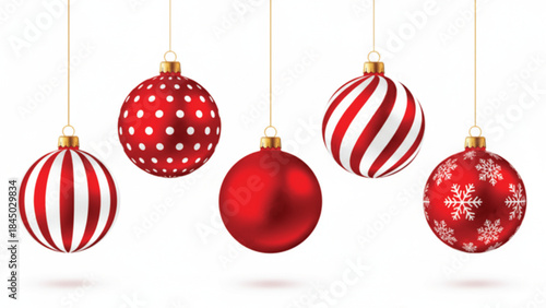 A collection of vibrant red christmas ornaments hanging from delicate strings showcasing various patterns and glossy finishes high-quality professional.