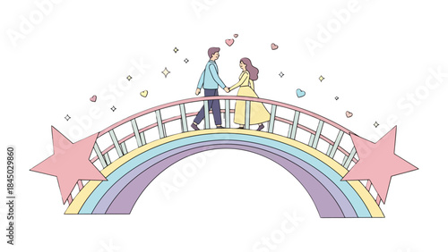 A Stroll on the Rainbow Bridge: A romantic couple strolls hand-in-hand across a vibrant rainbow bridge, symbolizing love, hope, and the journey of life together.