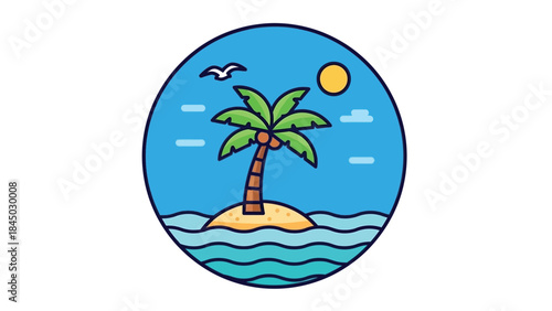 Island paradise with palm tree and ocean waves under a sunny sky, representing a tropical getaway and vacation