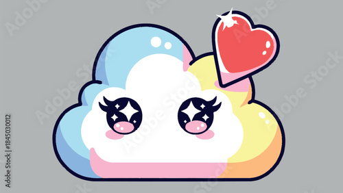 Adorable rainbow cloud illustration with sparkling eyes and a floating red heart, symbolizing love, happiness, and dreamy fantasy in a charming kawaii style