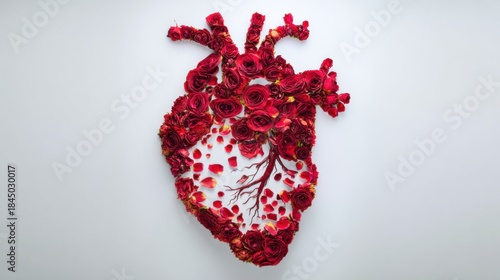 Hearts made from red flowers arranged on a white wall in simple design