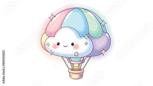 Cute Cloud Hot Air Balloon with Stars and Rainbow Colors - Whimsical Illustration for Kids and Joyful Designs