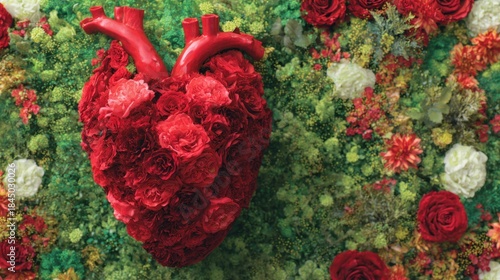 Heart made of red flowers in a green floral display