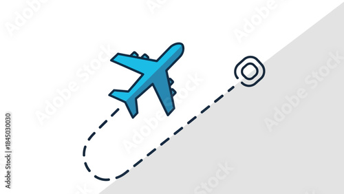 Blue airplane icon with dashed flight path to a destination pin, symbolizing global travel, air transport, journey planning, and reaching new places or vacation destinations