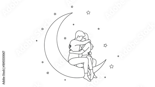 Celestial Embrace: A tender moment unfolds as a couple find solace in each other's arms, silhouetted against a radiant crescent moon and a constellation of stars.