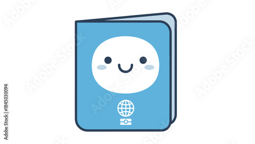 Smiling blue passport icon vector graphic symbolizing fun international travel, global adventures, and official identification for exciting trips and joyful journeys