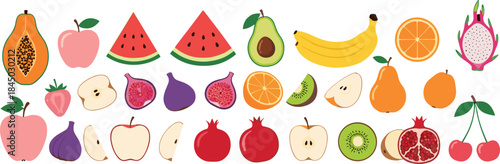 Colorful assorted fruit vector set with whole and sliced tropical and fresh fruits isolated on white background for healthy food design