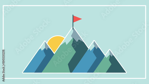 Conceptual illustration of reaching the summit of a mountain with a flag at the peak, symbolizing success and achievement