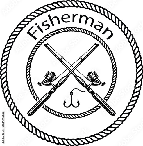 Black circular badge-style clipart with crossed fishing rods in the center
